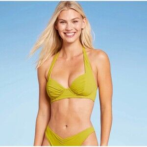 Shade Shore Shirred Cup Halter Bikini Top Chartreuse 36B